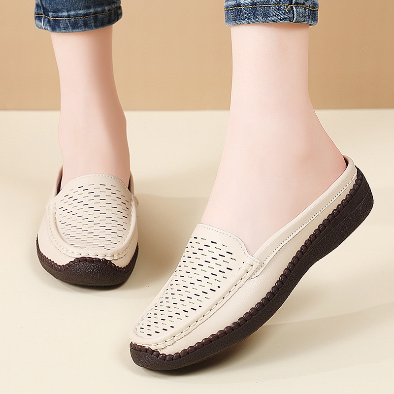 Slip On Mule Flat - Zapatillas de cuero suave para mujer,